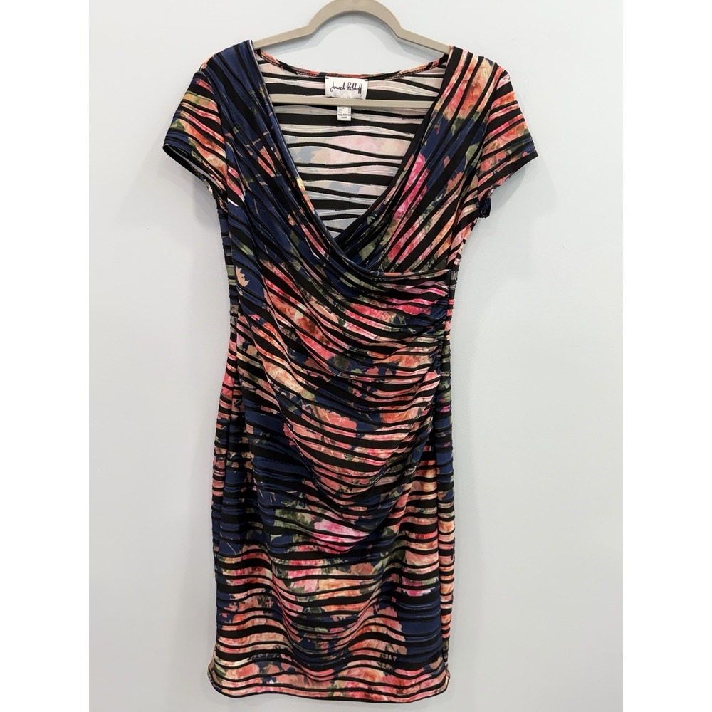Joseph Ribkoff 6 Abstract Floral Stripe Ruched Draped Dress Short Sleeve V-Neck - Picture 4 of 9